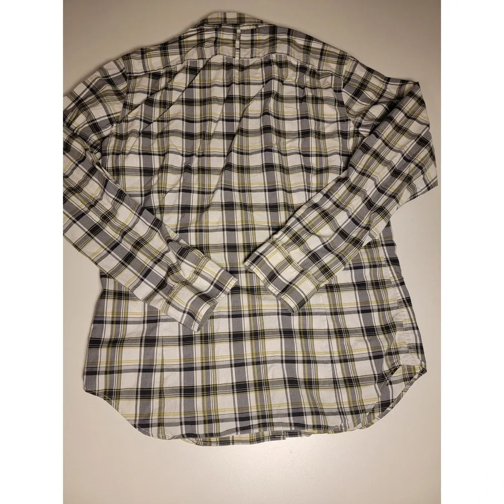 Banana Republic Grant Fit Custom 078 Wash Plaid Shirt Mens M White Grey Yellow